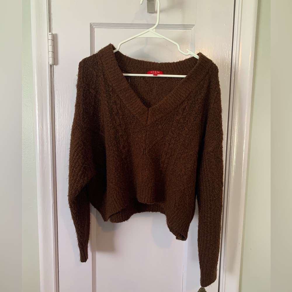 Guess Brown Knit Pullover Crop Sweater